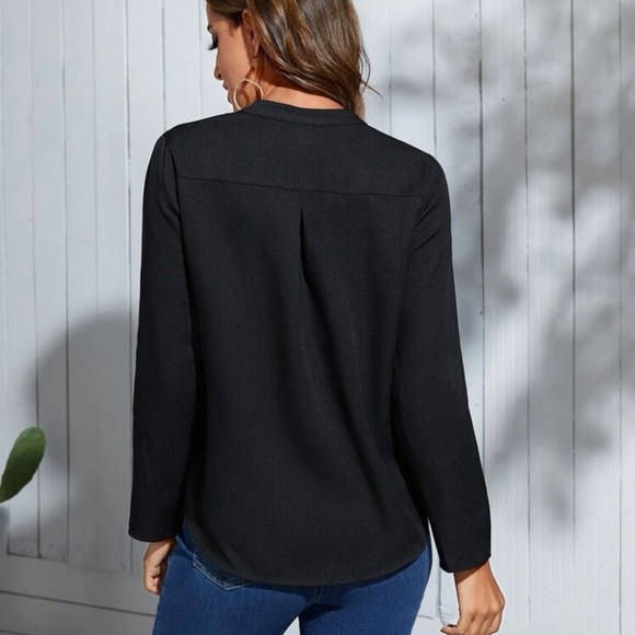 V neck long sleeve notched collar top boho black - Picture 2 of 4